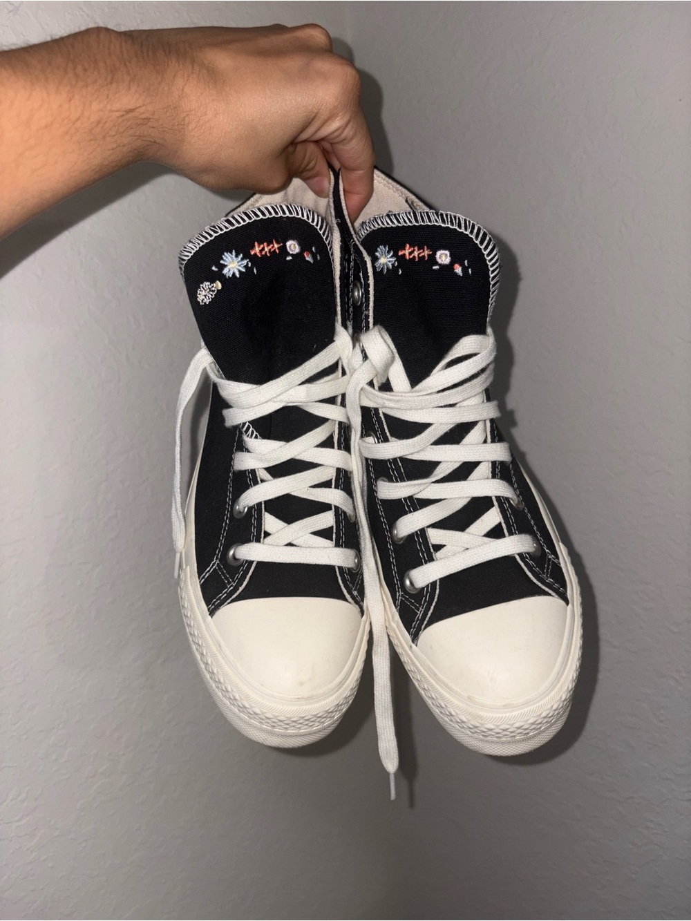 Converse Black and White High-Top Sneakers with Hand-Drawn Tongue Art